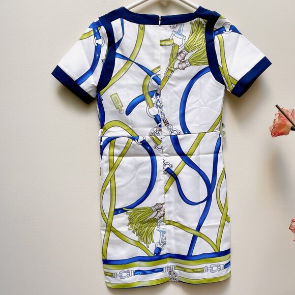 New Chain Print Short Sleeve Blue Green White Dress, Size Small - Picture 4 of 7